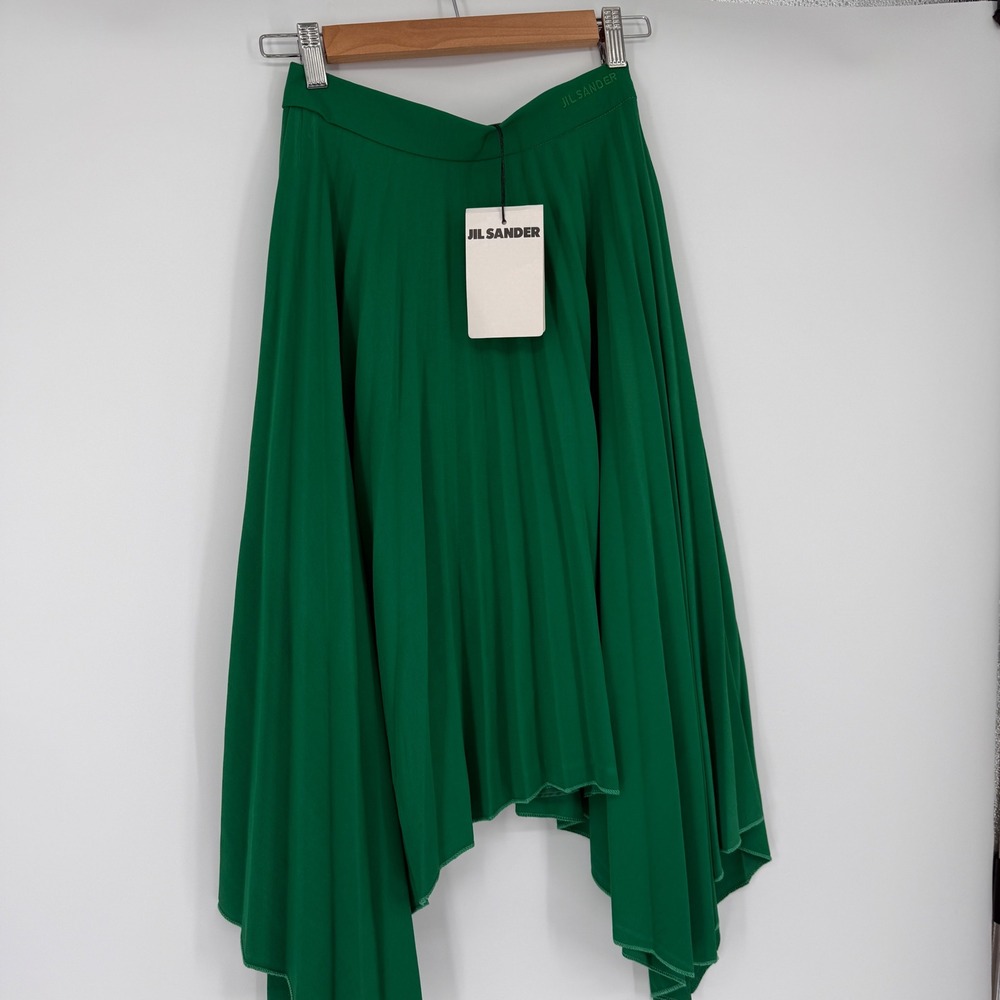 Jil Sander Green Pleated Asymmetrical Handkerchief Hem‎ Midi Skirt Size S NEW